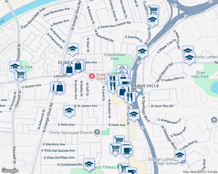 map of restaurants, bars, coffee shops, grocery stores, and more near 1416 East Lincoln Avenue in Orange