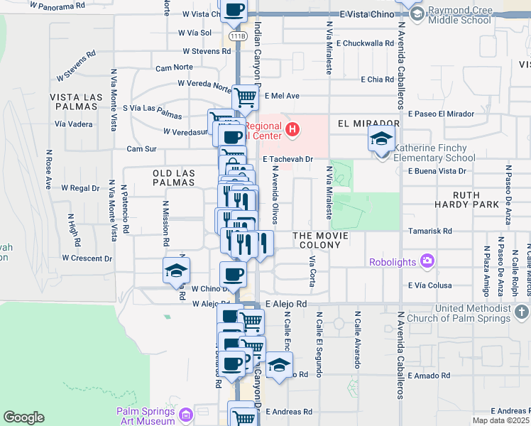 map of restaurants, bars, coffee shops, grocery stores, and more near 950 North Indian Canyon Drive in Palm Springs
