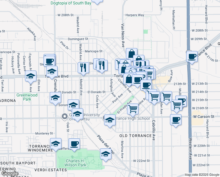 map of restaurants, bars, coffee shops, grocery stores, and more near 1228 Arlington Avenue in Torrance