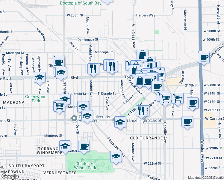 map of restaurants, bars, coffee shops, grocery stores, and more near 1229 Portola Avenue in Torrance