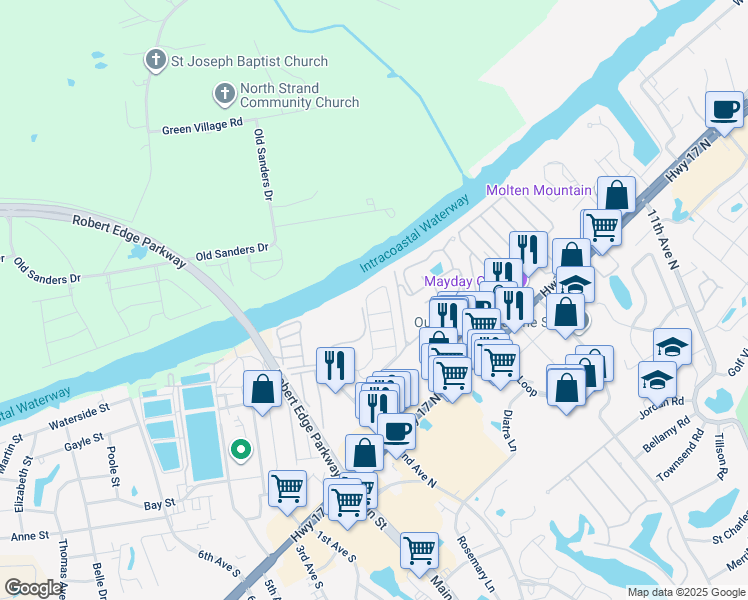 map of restaurants, bars, coffee shops, grocery stores, and more near 214F Landing Road in North Myrtle Beach