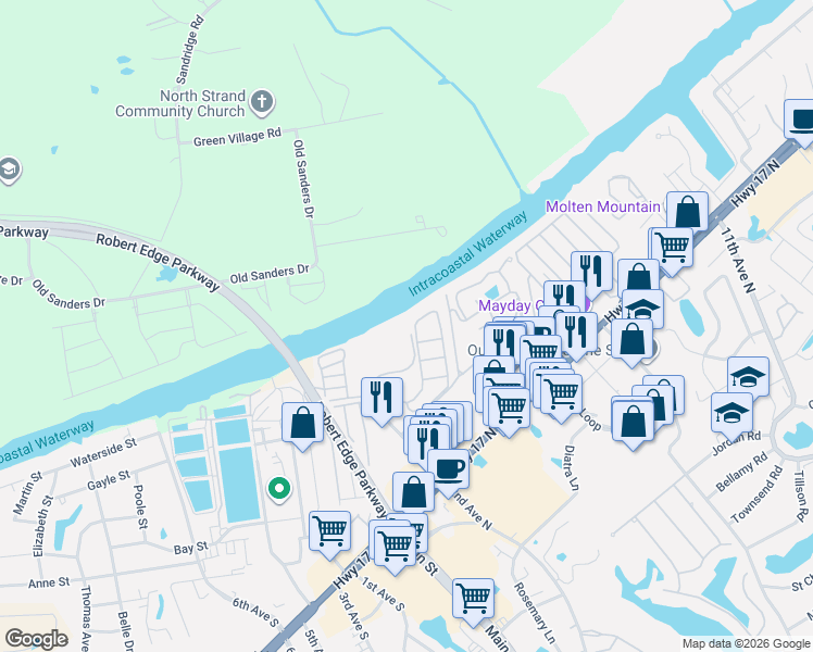 map of restaurants, bars, coffee shops, grocery stores, and more near 214F Landing Road in North Myrtle Beach