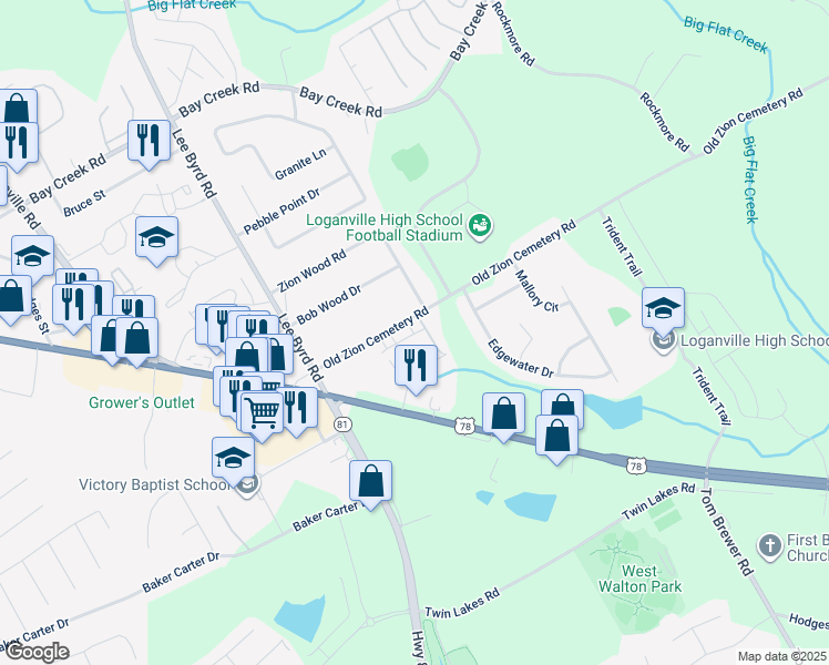 map of restaurants, bars, coffee shops, grocery stores, and more near 345 Zion Wood Road in Loganville