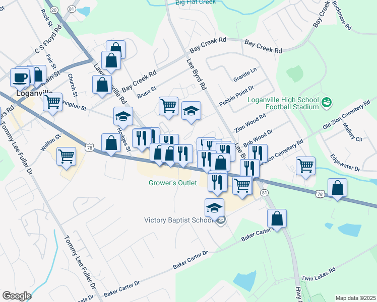 map of restaurants, bars, coffee shops, grocery stores, and more near 4648 Lawrenceville Road in Loganville