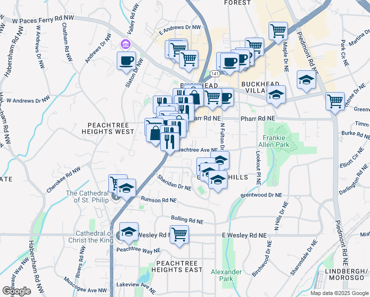 map of restaurants, bars, coffee shops, grocery stores, and more near 14 Peachtree Avenue Northeast in Atlanta