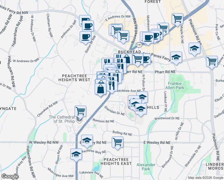 map of restaurants, bars, coffee shops, grocery stores, and more near 2900 Peachtree Street Northeast in Atlanta