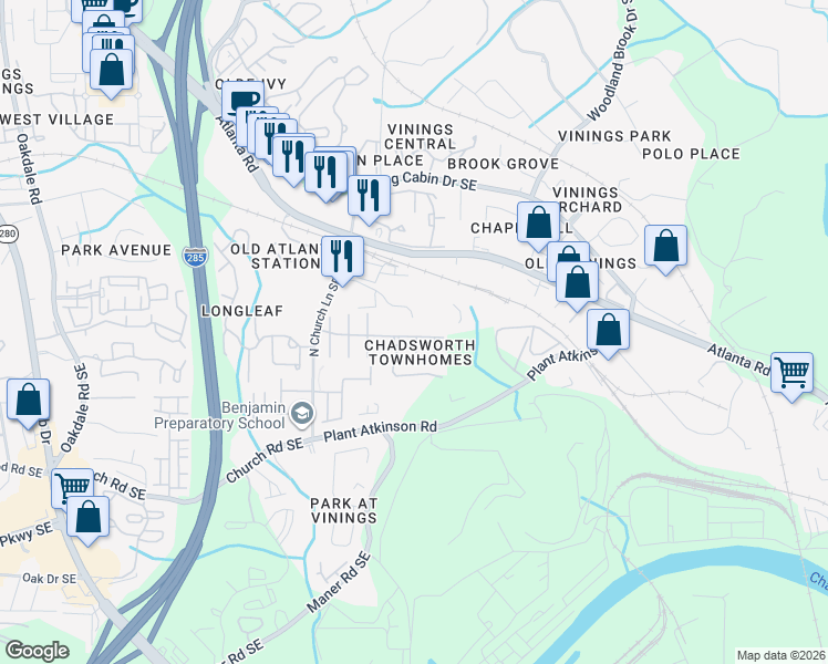 map of restaurants, bars, coffee shops, grocery stores, and more near 2471 Bridlewood Drive in Smyrna
