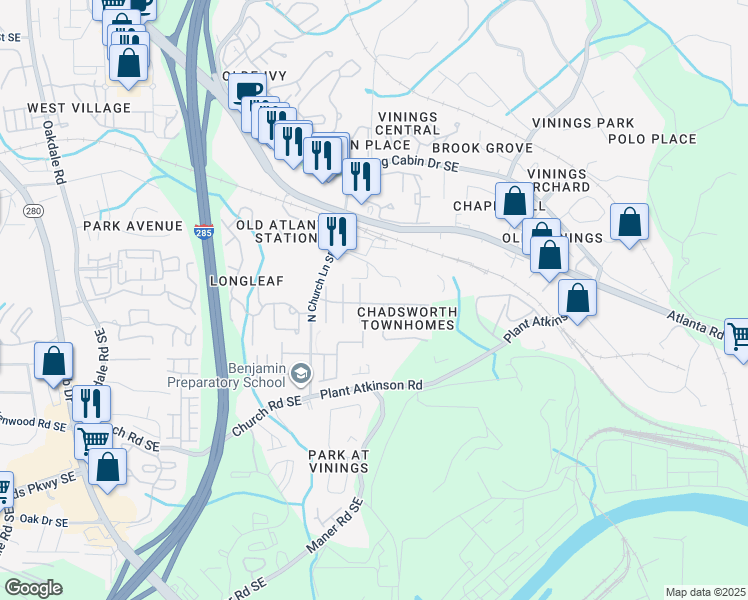 map of restaurants, bars, coffee shops, grocery stores, and more near 2550 Collins Springs Drive in Smyrna