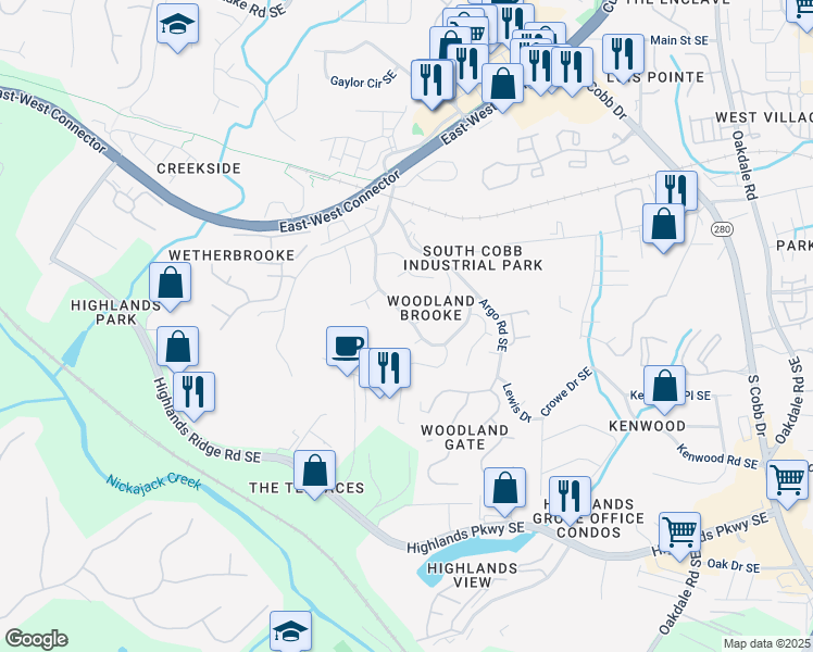 map of restaurants, bars, coffee shops, grocery stores, and more near 4830 Clay Brooke Drive Southeast in Smyrna