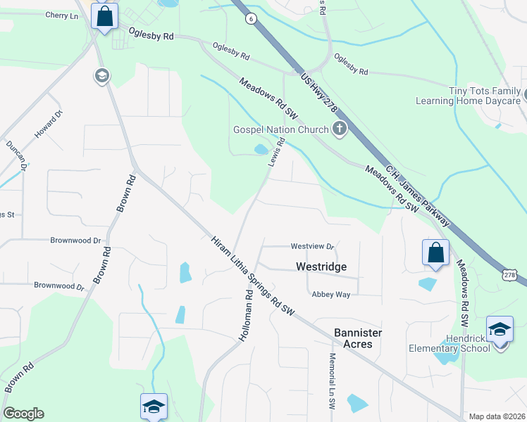 map of restaurants, bars, coffee shops, grocery stores, and more near 4599 Karron Drive in Powder Springs