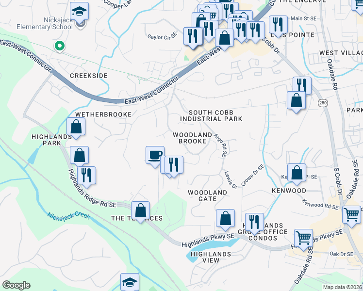 map of restaurants, bars, coffee shops, grocery stores, and more near 4830 Clay Brooke Drive Southeast in Smyrna