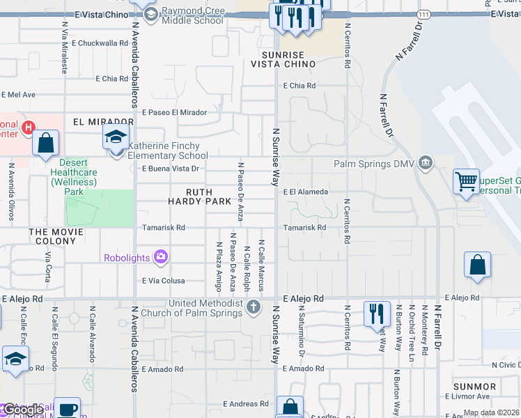 map of restaurants, bars, coffee shops, grocery stores, and more near 1538 East Verbena Drive in Palm Springs