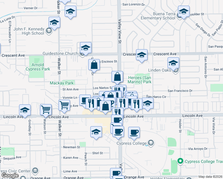 map of restaurants, bars, coffee shops, grocery stores, and more near 5930 Los Nietos Street in Buena Park