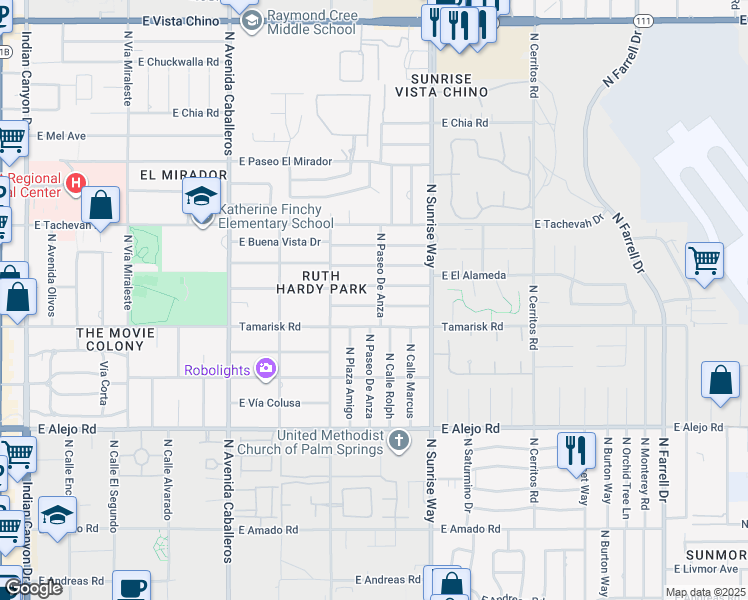 map of restaurants, bars, coffee shops, grocery stores, and more near 1366 East Verbena Drive in Palm Springs