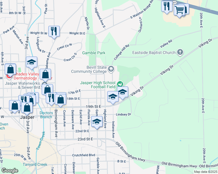 map of restaurants, bars, coffee shops, grocery stores, and more near 1601 Highland Avenue in Jasper