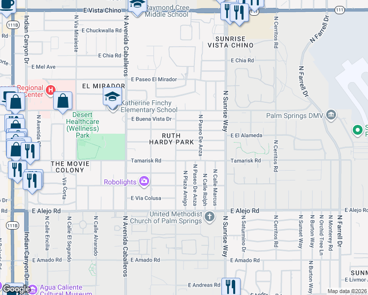 map of restaurants, bars, coffee shops, grocery stores, and more near 1272 East Verbena Drive in Palm Springs