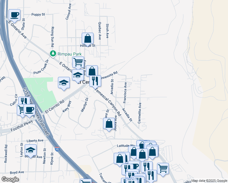 map of restaurants, bars, coffee shops, grocery stores, and more near 19660 Arcadia Street in Corona