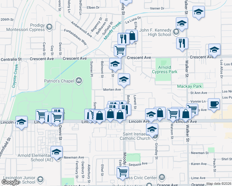 map of restaurants, bars, coffee shops, grocery stores, and more near 8762 La Salle Street in Cypress