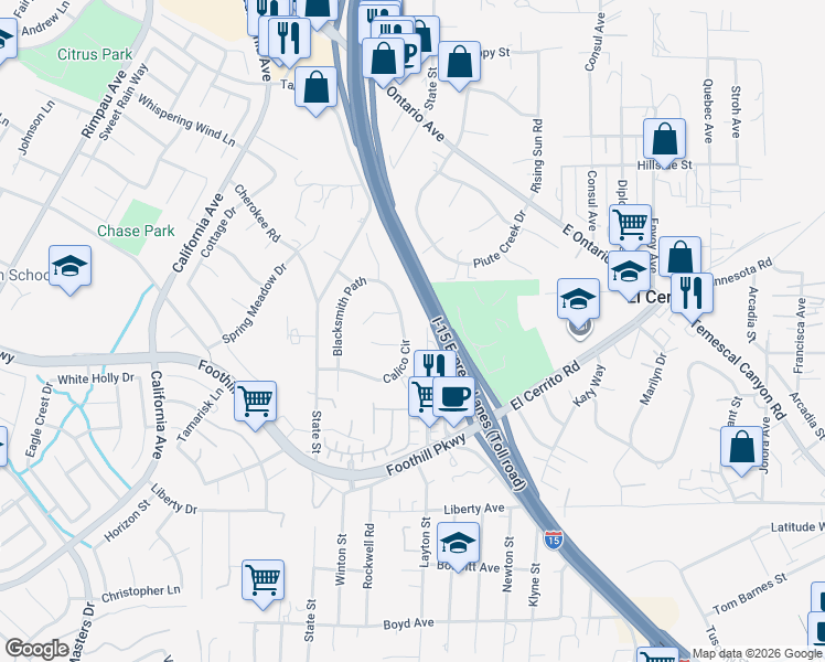 map of restaurants, bars, coffee shops, grocery stores, and more near 7303 Calico Circle in Corona