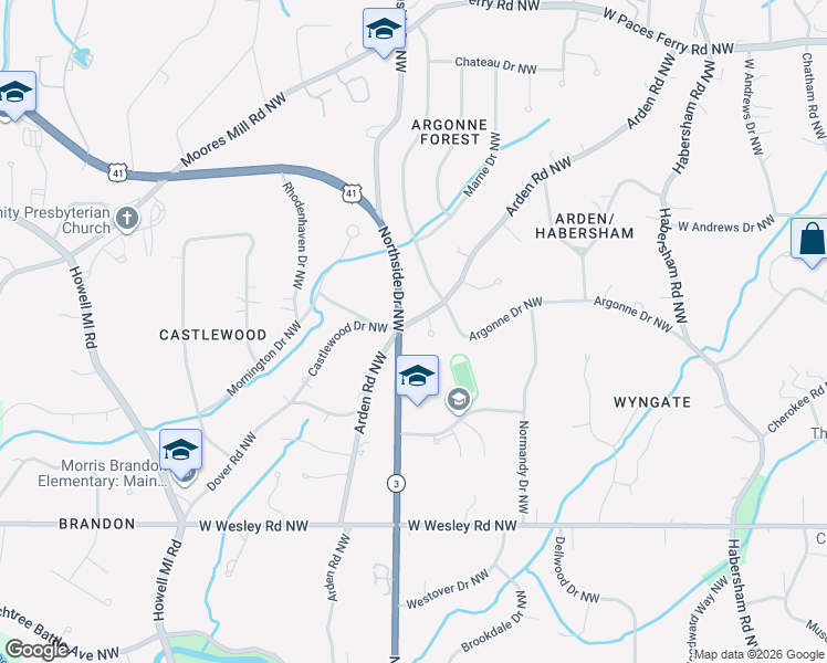 map of restaurants, bars, coffee shops, grocery stores, and more near 2935 Arden Road Northwest in Atlanta