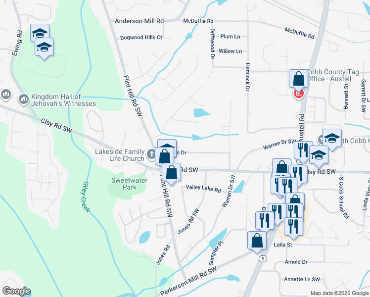 map of restaurants, bars, coffee shops, grocery stores, and more near 2310 Weslan Drive in Austell