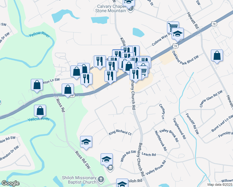 map of restaurants, bars, coffee shops, grocery stores, and more near 4107 Wellington Hills Lane in Snellville