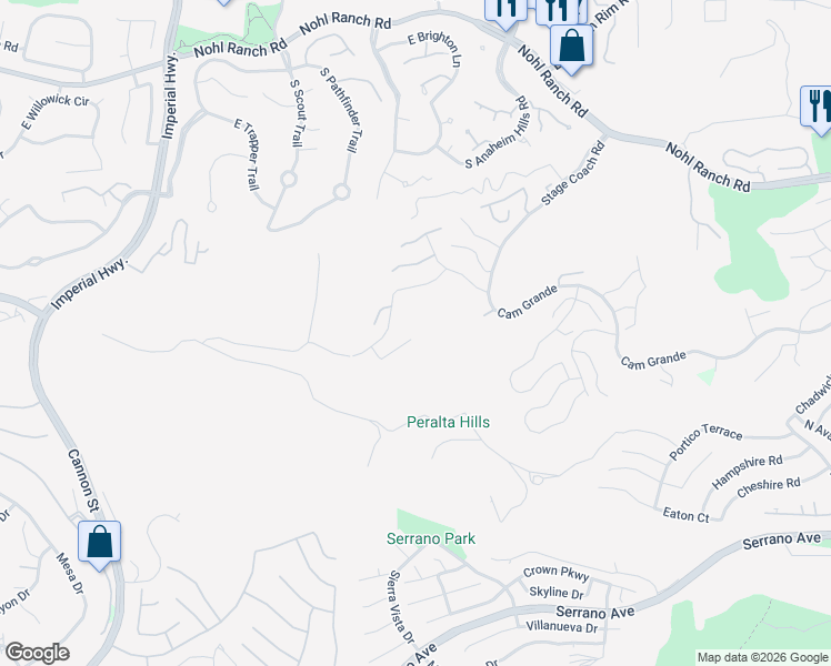 map of restaurants, bars, coffee shops, grocery stores, and more near 840 South Shanada Court in Anaheim