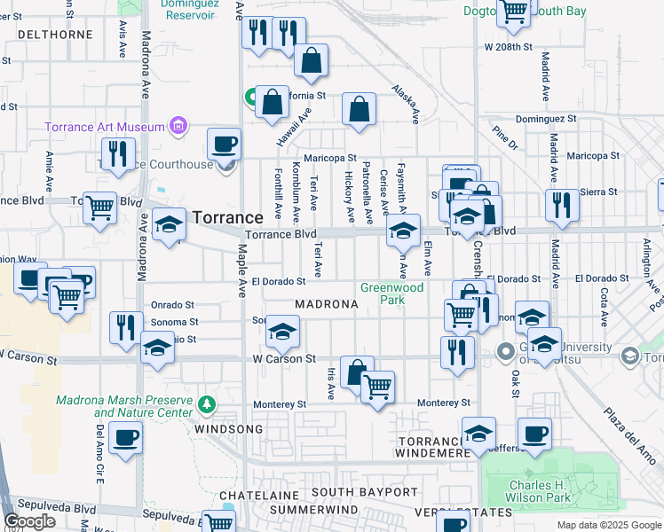 map of restaurants, bars, coffee shops, grocery stores, and more near 1309 Cranbrook Avenue in Torrance