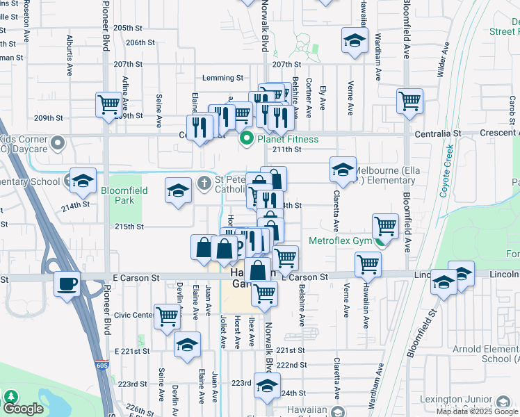 map of restaurants, bars, coffee shops, grocery stores, and more near 21401 Norwalk Boulevard in Hawaiian Gardens