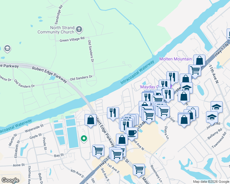 map of restaurants, bars, coffee shops, grocery stores, and more near 214F Landing Road in North Myrtle Beach