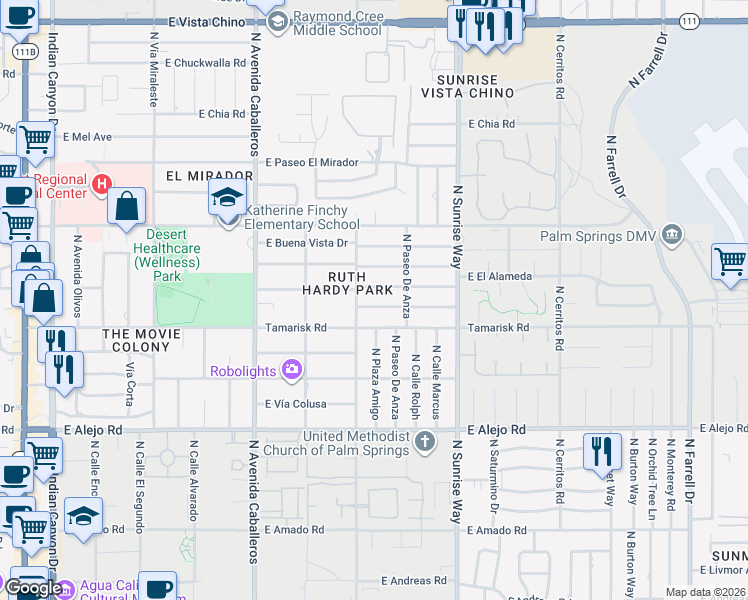 map of restaurants, bars, coffee shops, grocery stores, and more near 1272 East Verbena Drive in Palm Springs
