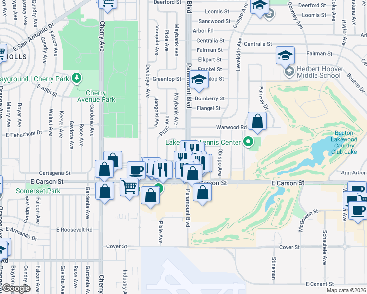 map of restaurants, bars, coffee shops, grocery stores, and more near 4235 Paramount Boulevard in Lakewood