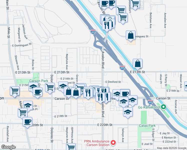 map of restaurants, bars, coffee shops, grocery stores, and more near 631 East Adomar Street in Carson