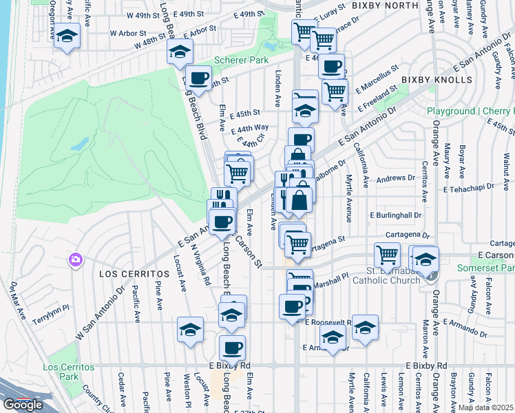 map of restaurants, bars, coffee shops, grocery stores, and more near 4186 Elm Avenue in Long Beach