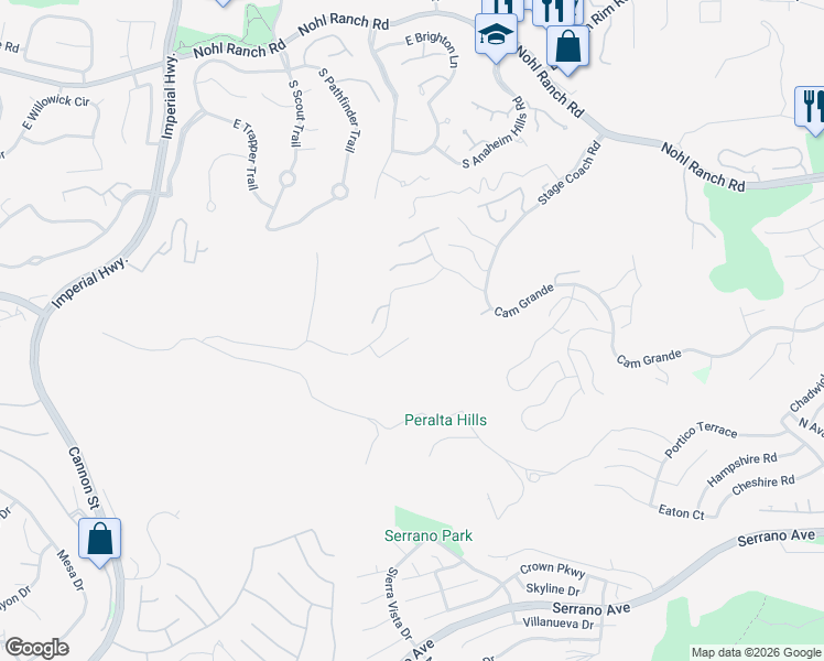 map of restaurants, bars, coffee shops, grocery stores, and more near 840 South Shanada Court in Anaheim