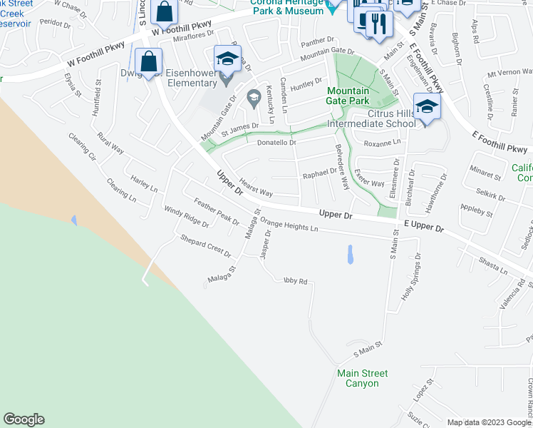 map of restaurants, bars, coffee shops, grocery stores, and more near 437 Orange Heights Lane in Corona