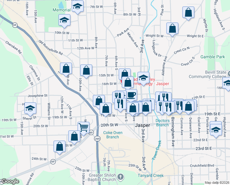map of restaurants, bars, coffee shops, grocery stores, and more near 1610 6th Avenue South in Jasper