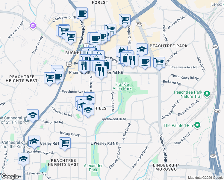 map of restaurants, bars, coffee shops, grocery stores, and more near 607 Peachtree Avenue Northeast in Atlanta