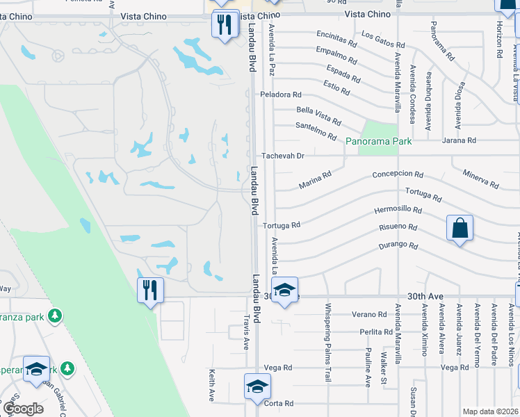 map of restaurants, bars, coffee shops, grocery stores, and more near 29350 Landau Boulevard in Cathedral City