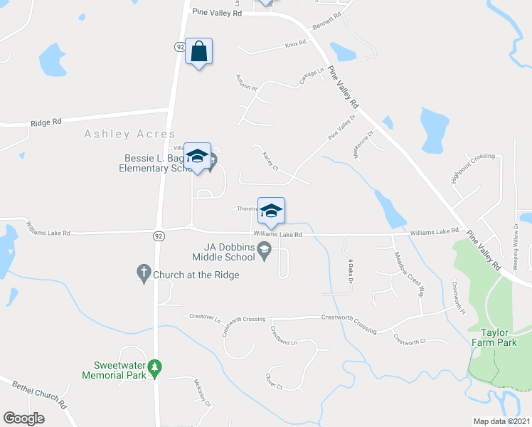 map of restaurants, bars, coffee shops, grocery stores, and more near 126 Thorntree Pass in Powder Springs