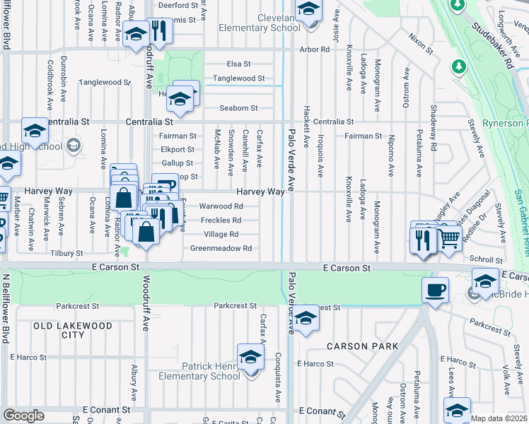 map of restaurants, bars, coffee shops, grocery stores, and more near 6237 Warwood Road in Lakewood