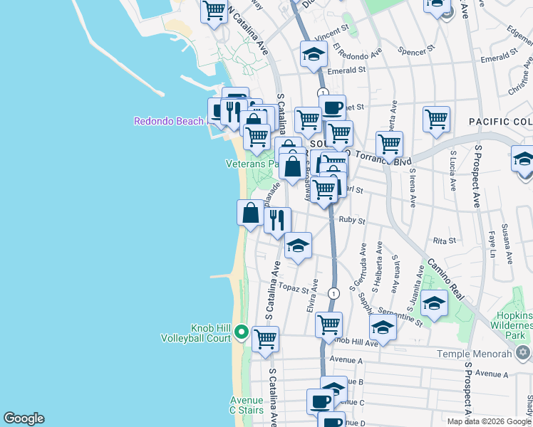 map of restaurants, bars, coffee shops, grocery stores, and more near 504 Esplanade in Redondo Beach