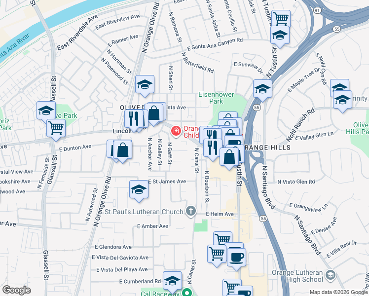 map of restaurants, bars, coffee shops, grocery stores, and more near 1122 East Lincoln Avenue in Orange