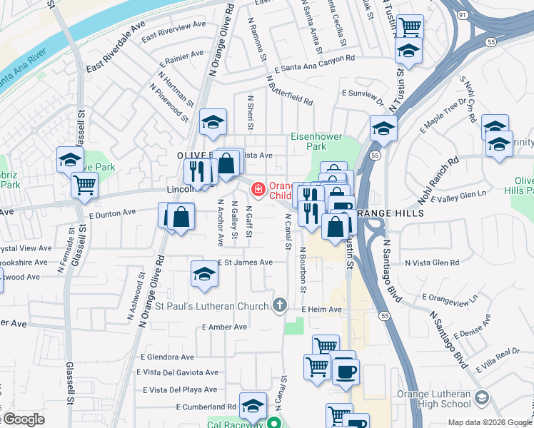 map of restaurants, bars, coffee shops, grocery stores, and more near 1122 East Lincoln Avenue in Orange