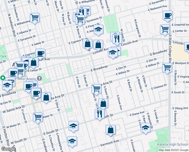 map of restaurants, bars, coffee shops, grocery stores, and more near 314 South East Street in Anaheim