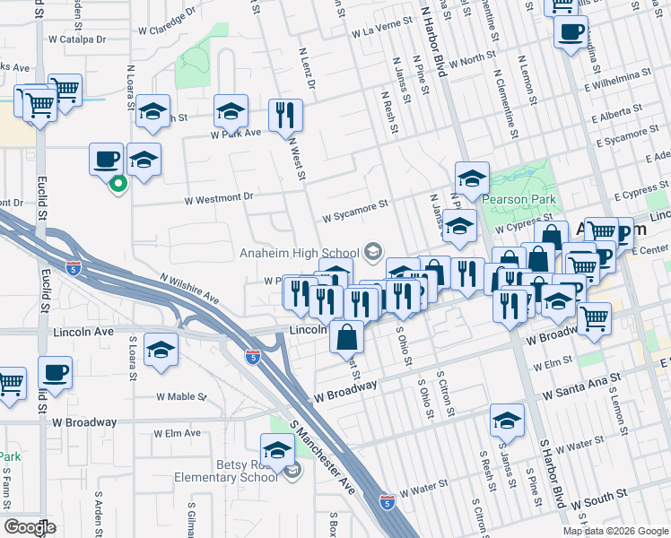 map of restaurants, bars, coffee shops, grocery stores, and more near 128 West Lincoln Avenue in Anaheim
