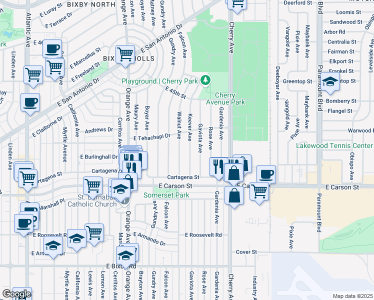 map of restaurants, bars, coffee shops, grocery stores, and more near 4231 Walnut Avenue in Long Beach
