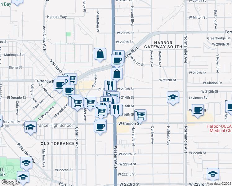 map of restaurants, bars, coffee shops, grocery stores, and more near 21381 South Western Avenue in Torrance