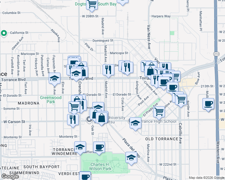 map of restaurants, bars, coffee shops, grocery stores, and more near 1226 Madrid Avenue in Torrance
