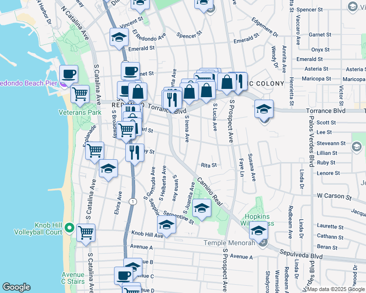 map of restaurants, bars, coffee shops, grocery stores, and more near 704 Pearl Street in Redondo Beach